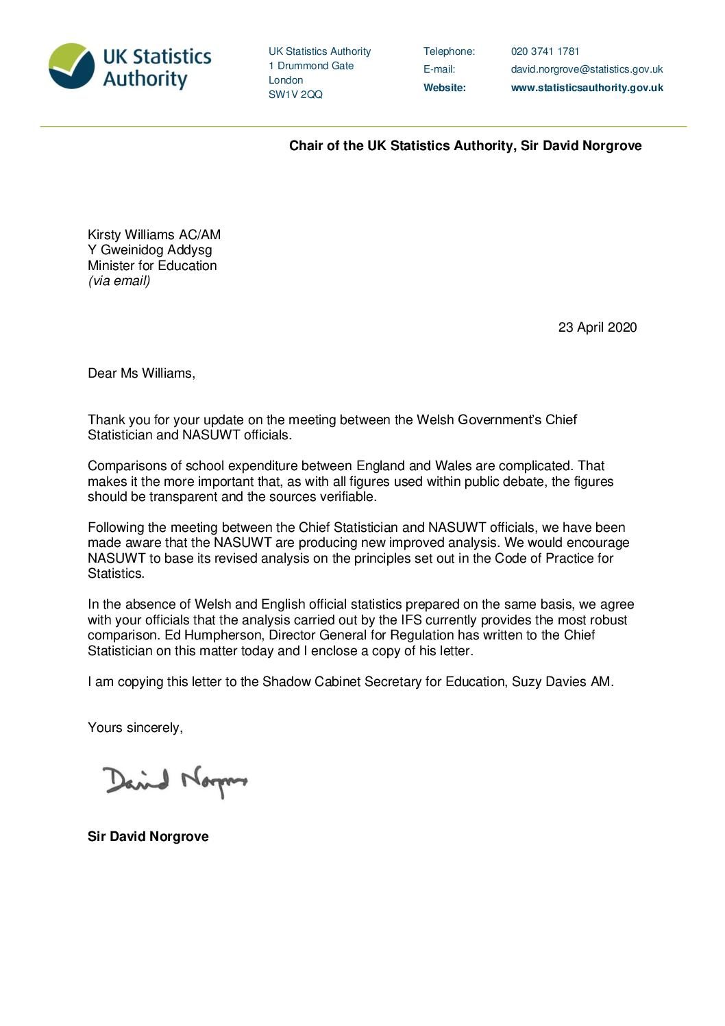Response from Sir David Norgrove to Kirsty Williams, Education Minister, on school expenditure