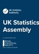 Graphic with blue background and circles dotted around in green and white with white text that read Statistical Assembly with the UK Statistics Authority logo above it and the Royal Statistical Society logo under it.