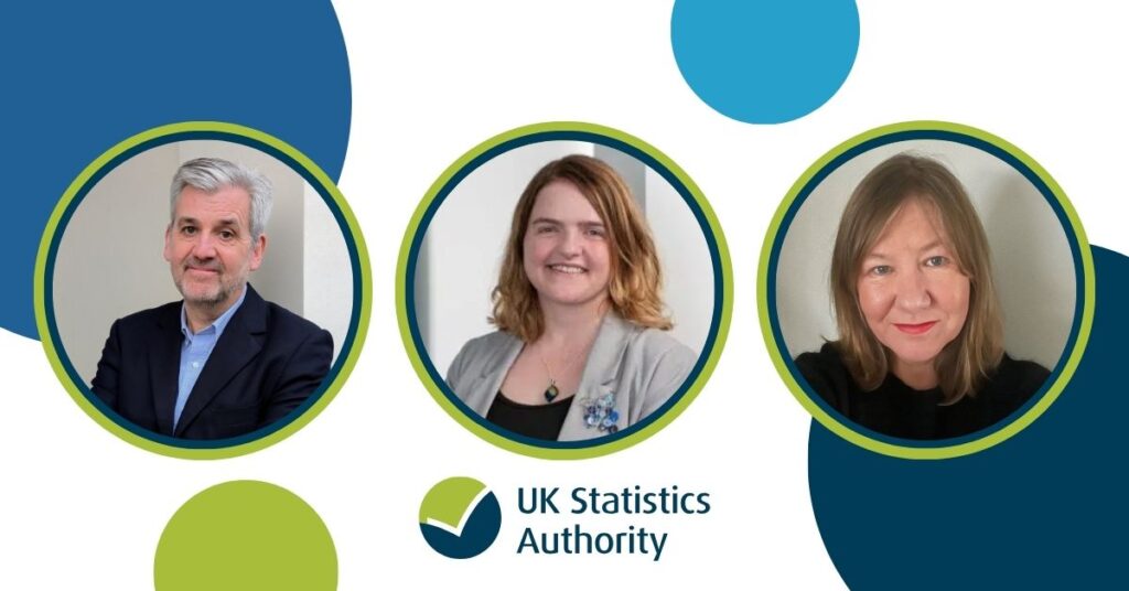 Graphic with blue and green circles and a picture of each new non-executive directors, Peter Barron, Professor Mairi Spowage and Dr Sarah Walsh with the UK Statistics Authority logo underneath.