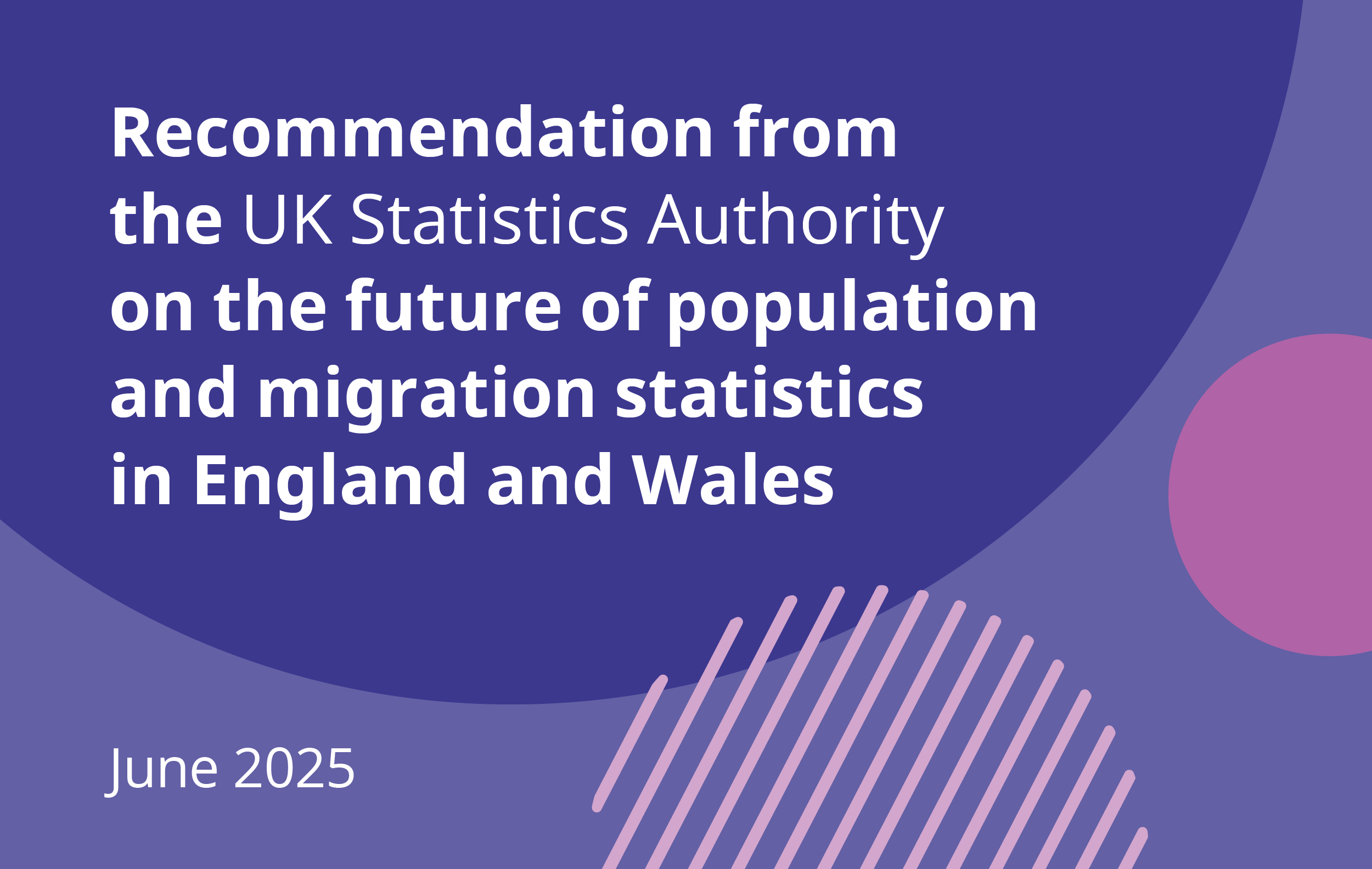 Purple graphic with circles and white text that reads Recommendation from the UK Statistics Authority on the future of population and migration statistics in England and Wales June 2025.