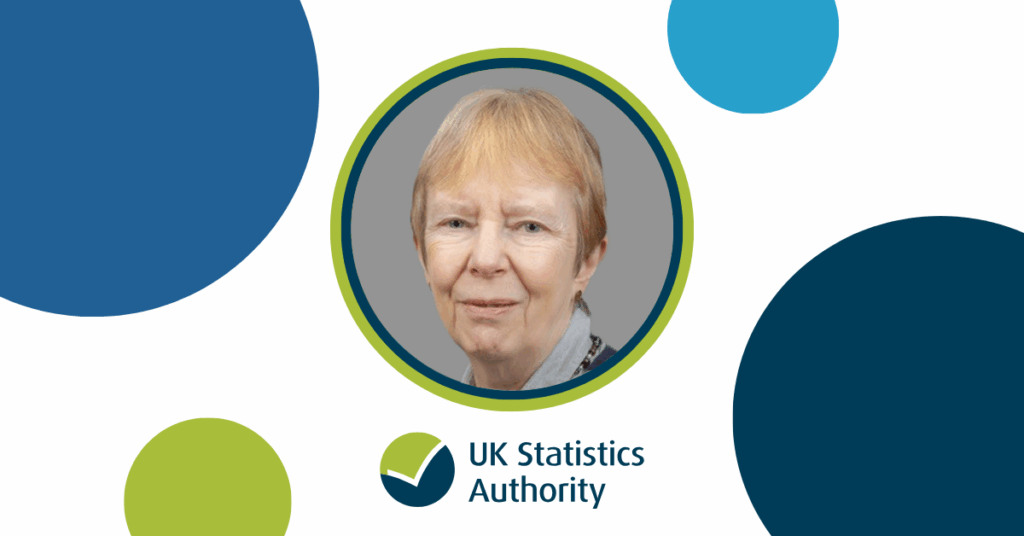 Graphic with UK Statistics Authority logo some circles and an image of Dame Kate Barker