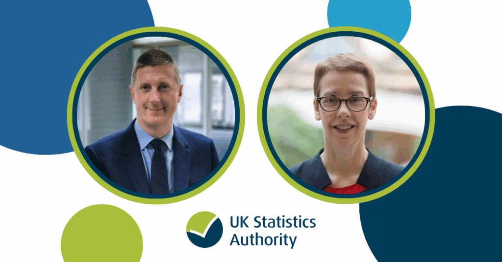 Graphic with UK Statistics Authority logo some circles and an images of Sir Robert Chote and Penny Young