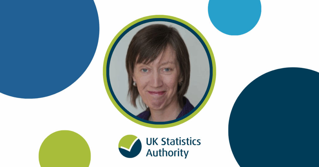 Graphic with UK Statistics Authority logo some circles and an image of Professor Evelyn Collins CBE