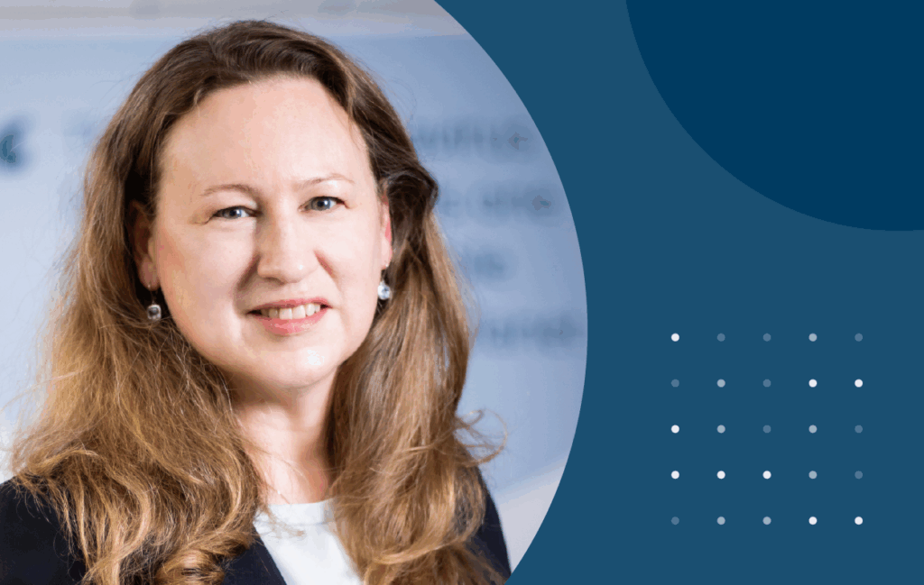 Blue circular graphics with picture of Emma Rourke smiling,