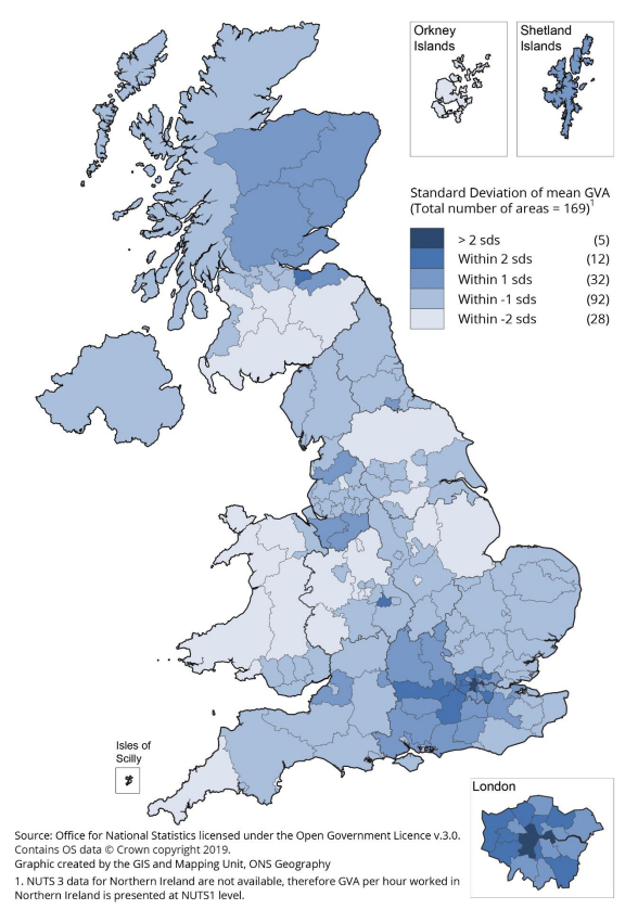 Labour productivity (GVA per hour worked) distribution in the UK: standard deviation of the UK average GVA per hour work for NUTS 3 subregions, 2017