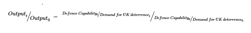 Growth in defence output is given by the ratio of defence capability to deterrence demand in period t, over the ratio of defence capability to deterrence demand in base period 0.