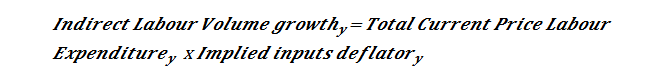 This formula states that for a time period y indirect labour volume is calculated as current price labour expenditure multiplied by an implied deflator.