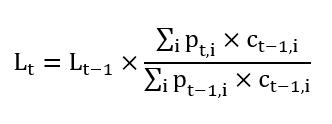 The index in period t is calculated as the index in period t minus 1, multiplied by a growth relative of the change in the proportion of claims with each entitlement weighted by its associated cash value in period t minus 1. This growth relative is calculated as the sum of the proportion of claims with each entitlement in period t multiplied by the average contribution of that entitlement to overall UC claims in period t minus 1, divided by the proportion of claims with each entitlement in period t minus 1 multiplied by the average contribution of that entitlement to overall UC claims in period t minus 1.