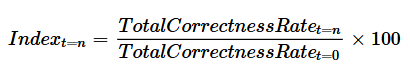 Formula showing how to index the correctness rate, by dividing by value in the base period.