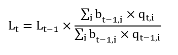 The index in period t is calculated as the index in period t minus 1, multiplied by the growth relative of benefit-weighted activity between period 1 and period t minus 1. This growth relative is the sum of each activity in period t multiplied by the unit benefit of that activity in period t minus 1, divided by the sum of each activity in period t minus 1 multiplied by the unit benefit of that activity in period t minus 1.