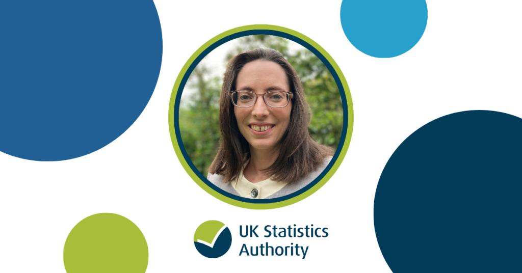 Graphic with UK Statistics Authority logo some circles and an image of Madeleine Sumption
