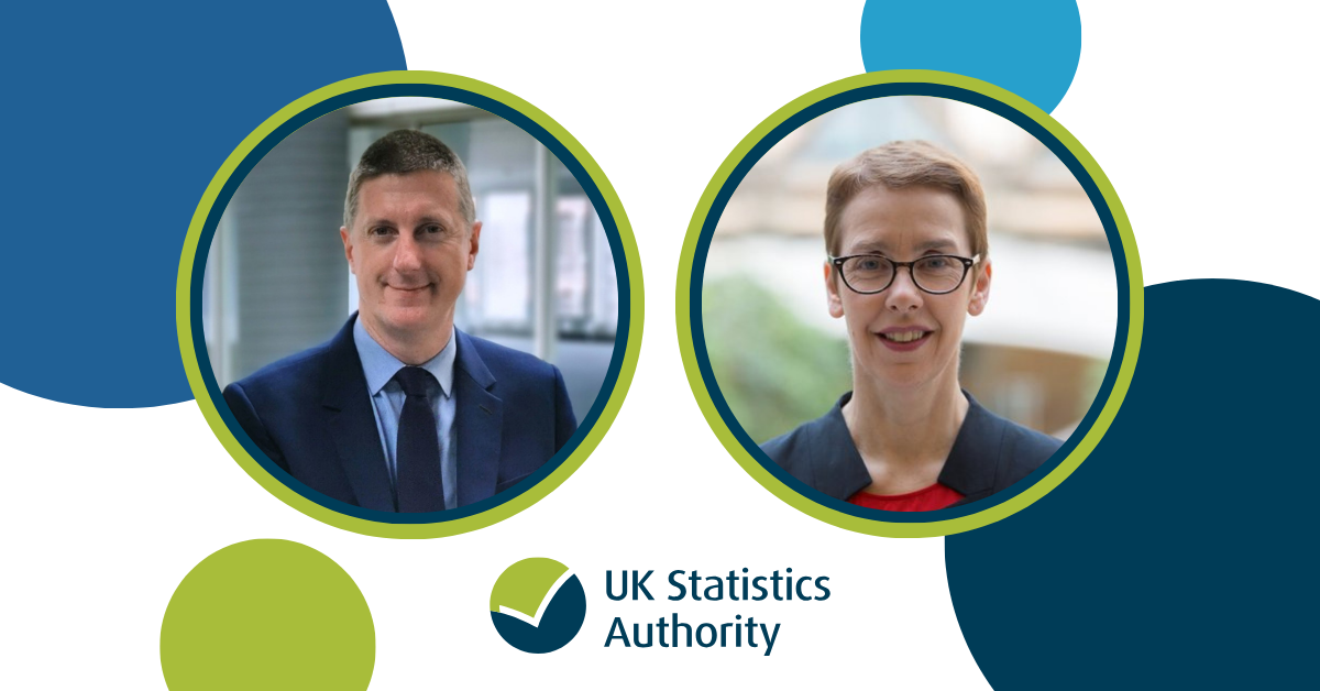 Graphic with UK Statistics Authority logo some circles and an images of Sir Robert Chote and Penny Young